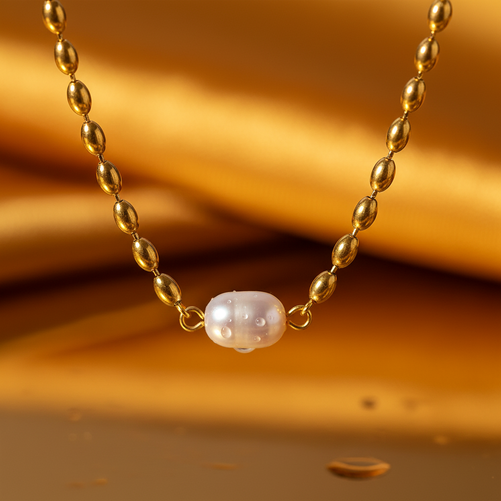 Close-up of gold oval bead chain with luminous freshwater pearl center