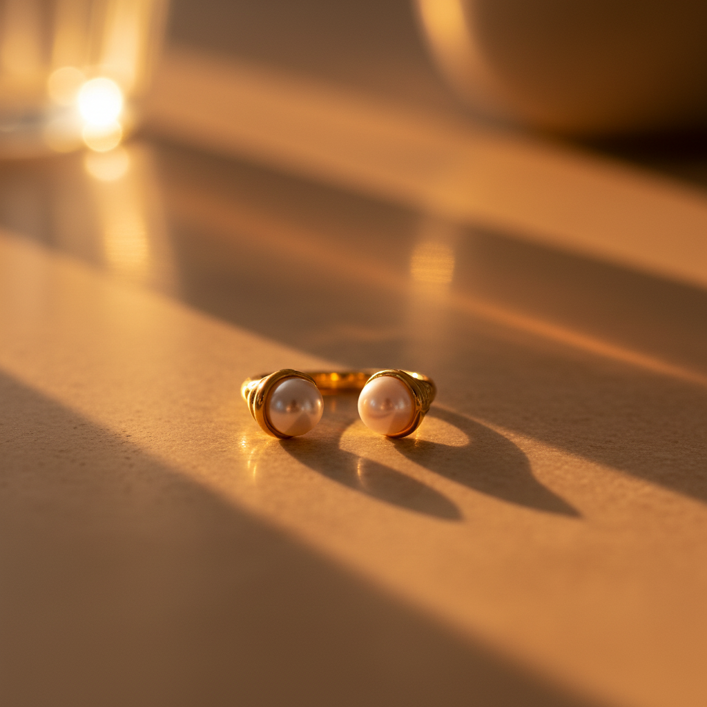 Gold open pearl ring in warm golden hour light