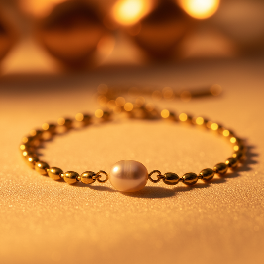 Close-up of gold oval bead chain bracelet with luminous freshwater pearl center