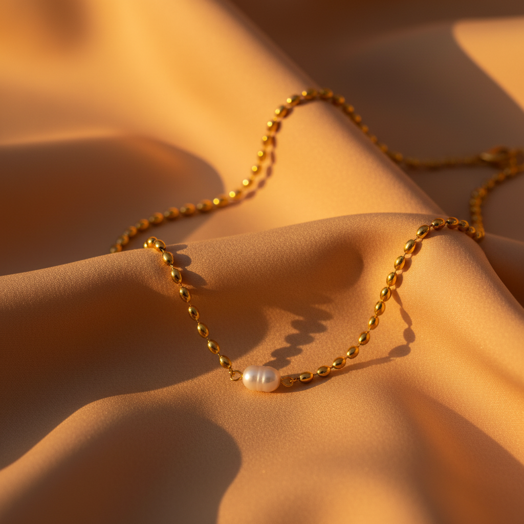 Gold oval bead chain necklace with freshwater pearl on warm golden hour silk