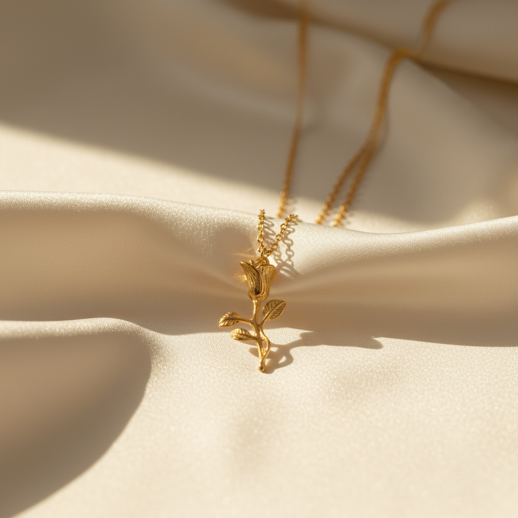 Gold rose flower pendant necklace on cream silk fabric