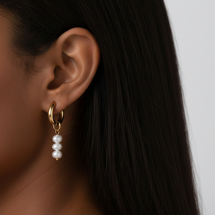 Gold hoop earrings with baroque pearl drops worn on model