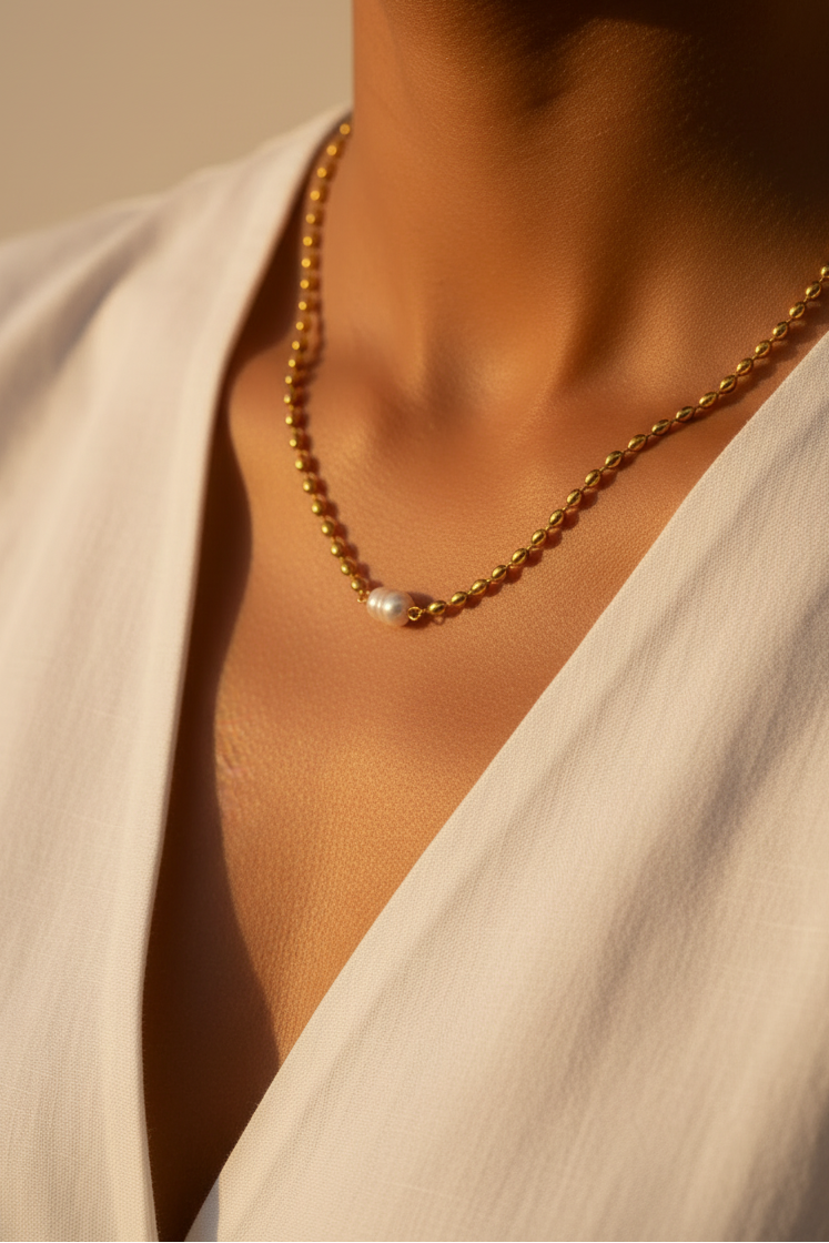 The Golden Hour Pearl Necklace — White Blouse